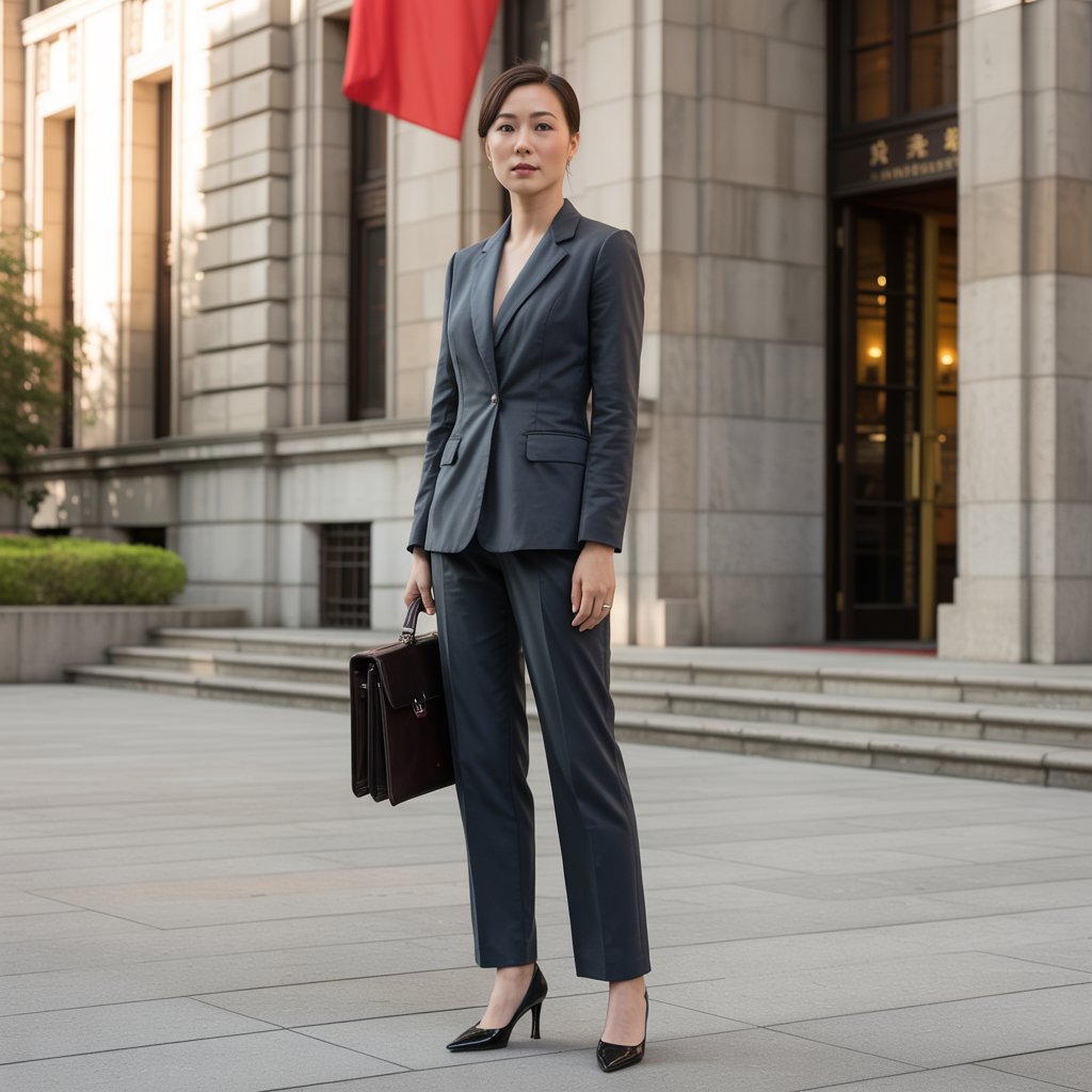 Chinese woman in tailored pantsuit with closed-toe pumps at Beijing embassy