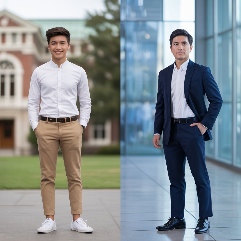 F1 student in khakis vs. H1B applicant in full suit