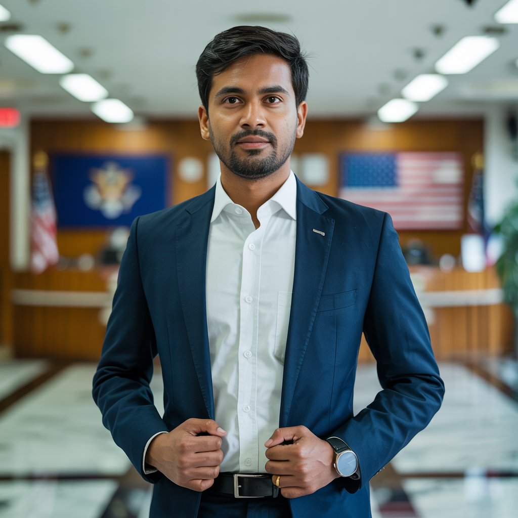 Indian man in crisp white shirt, navy suit, and minimal watch at US consulate